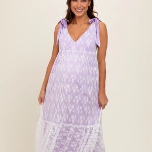 Lavender V-Neck Satin Tie Lace Overlay Maternity Maxi Dress